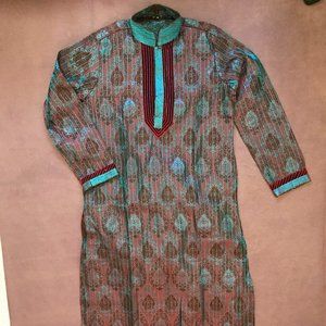 Holiday Partywear Sherwani Tunic & Pants in Maroon Velvet& Teal sz38  BRAND NEW